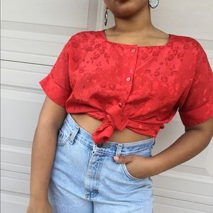 Red floral shirt with shiny embossed flowers
